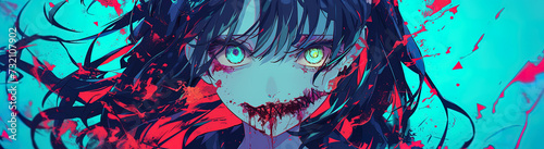 demon horror manga woman, anime artstyle, lofi, widescreen, wallpaper, background, black and white, neon colours