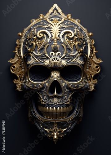 Chic allure: unveiling contemporary elegance of stylish skull with gold plating, modern luxurious decorative accent merging edgy design opulent glamour in a unique and fashion-forward statement piece. © Ruslan Batiuk