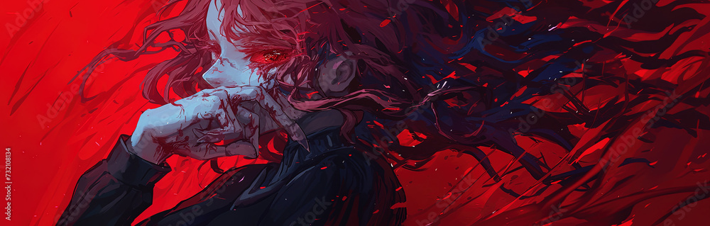 Fototapeta premium demon horror manga woman, anime artstyle, lofi, widescreen, wallpaper, background, black and white, neon colours