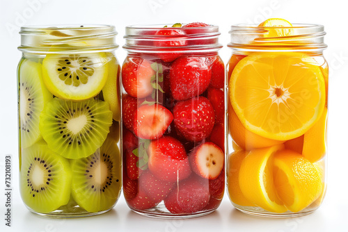 Three transparent jars filled with slices of fresh kiwi, strawberries, and oranges, showcased against a white background.