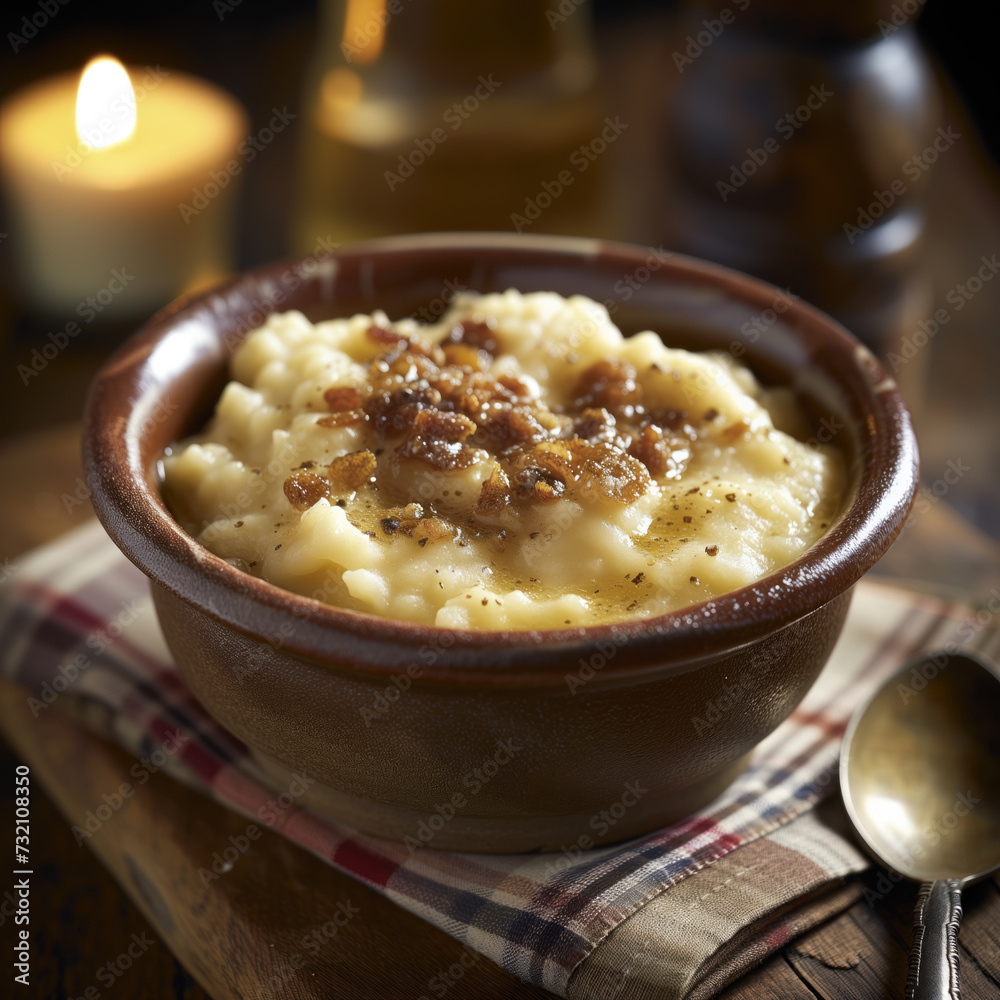 An image showcasing Scottish porridge in a rustic atmosphere. The scene is illuminated by warm candlelight, highlighting the traditional breakfast served in an oatmeal bowl on a wooden table.