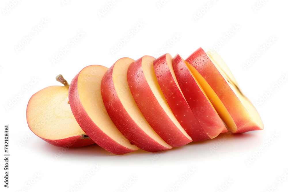 A vibrant image showcasing a red apple, sliced into even pieces revealing the juicy interior, isolated on a white background. A vibrant image showcasing a red apple, sliced into even pieces revealing the juicy interior, isolated on a white background.