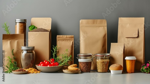 Eco-friendly food packaging, cardboard materials on muted backdrop