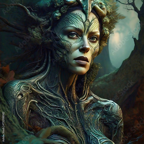 A dreamlike portrayal of a woman with her tresses, and body merging into nature elements in the forest. Surreal portrait of a woman with nature element, mother earth concept	