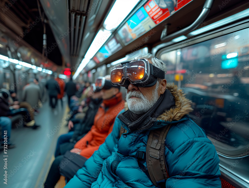 Elderly man virtual reality goggles, subway, future. Generated by AI Elderly man virtual reality goggles, subway, future. Generated by AI