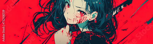 demon horror manga woman  anime artstyle  lofi  widescreen  wallpaper  background  black and white  neon colours