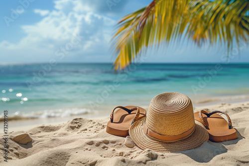 Straw hat and flip flops laying on sand on tropical beach.
