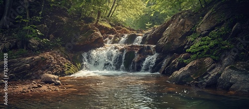 Scenic mountain stream with a waterfall in a ravine on a spring day.