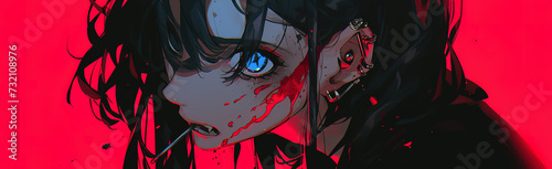 demon horror manga woman, anime artstyle, lofi, widescreen, wallpaper, background, black and white, neon colours