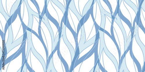 Blue Leaves Pattern. Watercolor leaves seamless vector background, wavy jungle print