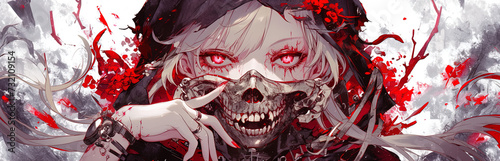 demon horror manga woman, anime artstyle, lofi, widescreen, wallpaper, background, black and white, neon colours