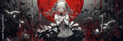 demon horror manga woman, anime artstyle, lofi, widescreen, wallpaper, background, black and white, neon colours
