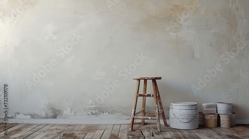 Paint supplies on a stool against a blank wall ready for a job photo
