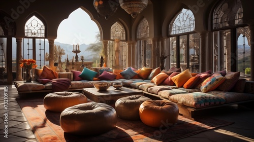 Moroccan Living Room with Intricate Tilework and Woven Poufs