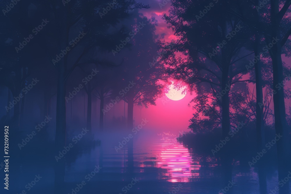 natural landscape synthwave style wallpaper. Night forest with a lake wallpaper. lake forest under the sky with fog and the moon. Fantasy landscape forest at night. moon night landscape.