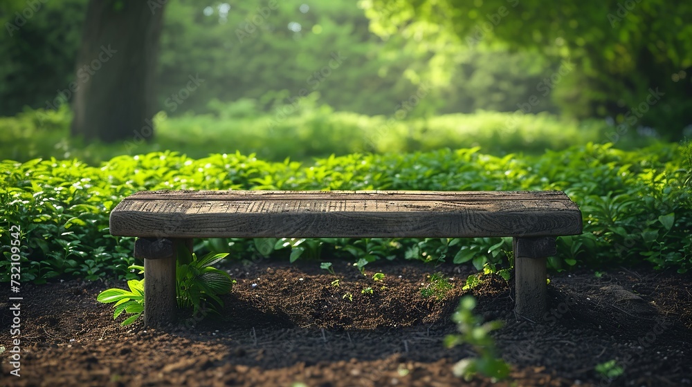 Rustic gardening bench with vibrant greenery and soil Rustic gardening bench with vibrant greenery and soil