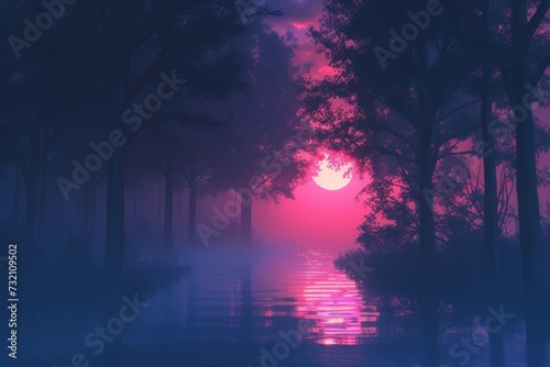 natural landscape synthwave style wallpaper. Night forest with a lake wallpaper. lake forest under the sky with fog and the moon. Fantasy landscape forest at night. moon night landscape. © jokerhitam289