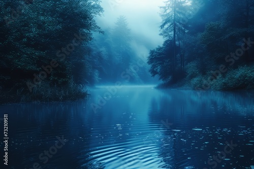 natural landscape synthwave style wallpaper. Night forest with a lake wallpaper. lake forest under the sky with fog. Fantasy landscape forest at night.  © jokerhitam289
