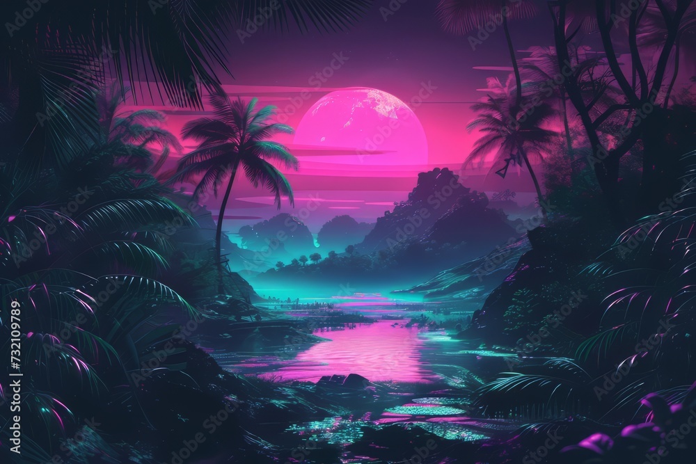 natural landscape synthwave style wallpaper. Night forest with mountain wallpaper. lake forest under the sky with fog and the moon. Fantasy landscape forest at night. moon night landscape.
