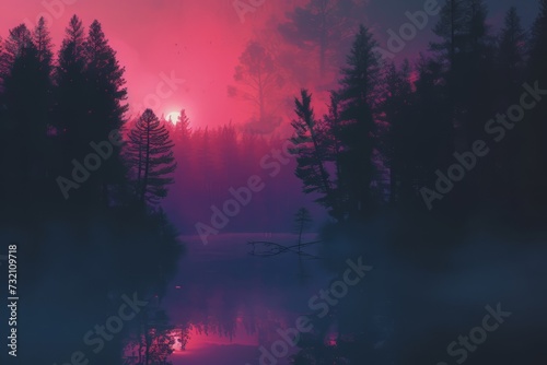 landscape lake forest under with fog. Dreamy night sky in forest. Beautiful night sky wallpaper. Fantasy landscape forest with mountains at night. Night forest with a lake wallpaper. 