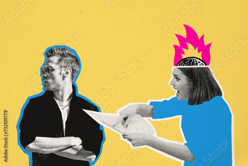 Creative collage illustration young coleagues partners relationship couple argue showing point document paperwork ignore yellow background photo