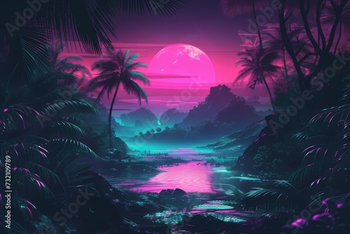natural landscape synthwave style wallpaper. Night forest with mountain wallpaper. lake forest under the sky with fog and the moon. Fantasy landscape forest at night. moon night landscape.