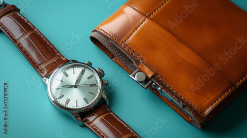 Gentleman's essentials, watch and wallet, neatly displayed on icy aqua background