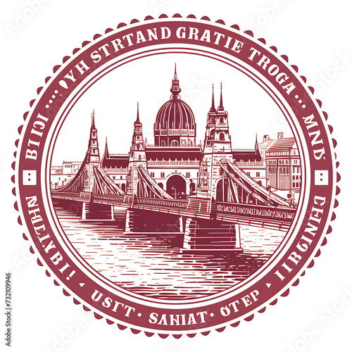 Stamp of Budapest City With Monochrome Wine Red Color Hungarian Parli Transparent PNG City Concept Art Tshirt Design Illustration Label Diverse City Castle Large Urban Market Project Collage  photo