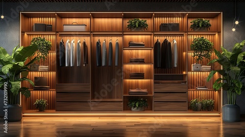 Modern closet interior with warm wood tones and clean lines photo