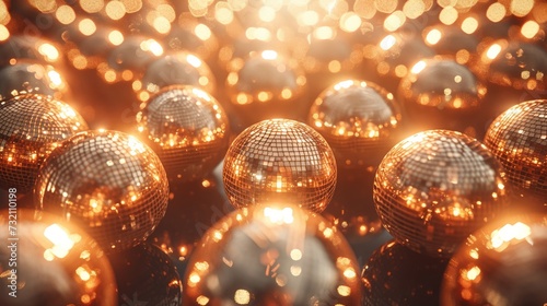Cluster of reflective disco balls, bright natural light photo