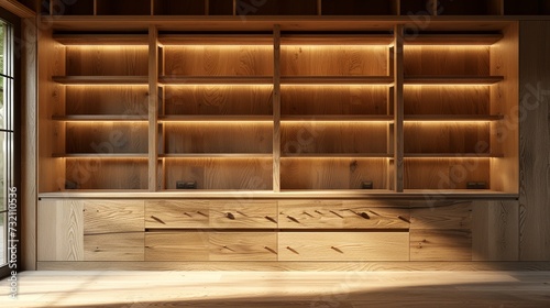 Softly lit bespoke wooden cabinet, open drawers and empty shelves photo