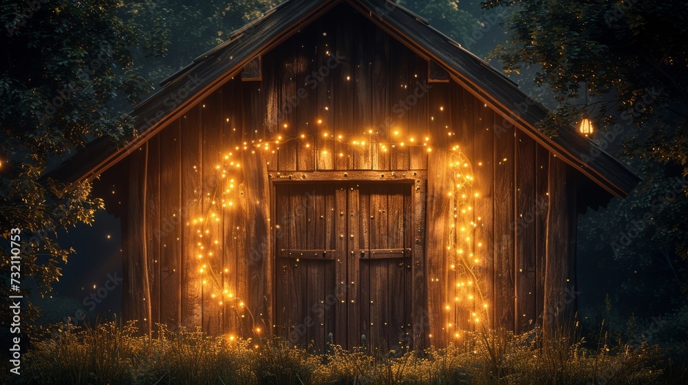 Orbicular oak frame glowing with mellow yellow lights, traditional wooden hut Orbicular oak frame glowing with mellow yellow lights, traditional wooden hut