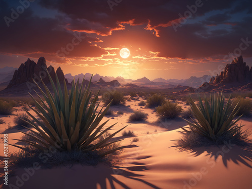 Tranquil scene of desert sunset with cacti silhouetted by the sun  creating a breathtaking landscape with mountains in the background