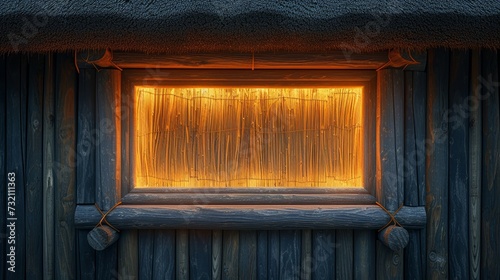 Orbicular oak frame glowing with mellow yellow lights, traditional wooden hut