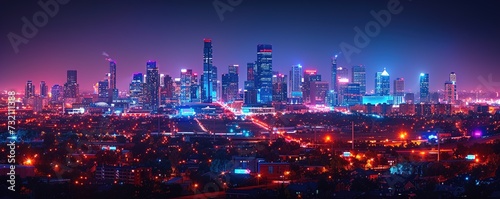 Downtown cityscape at night, aglow with vibrant neon lights and illuminated skyscrapers, capturing the dynamic essence of urban nightlife and architecture