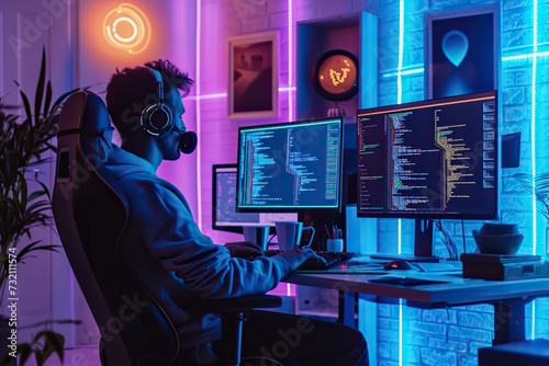 Coding Ambiance: IT Developer Crafting Applications Amid Neon-Lit Home Office