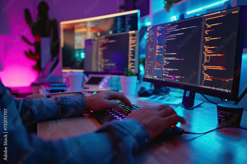 Digital Dexterity: IT Developer Typing Code on Multiple Neon-Lit Screens Digital Dexterity: IT Developer Typing Code on Multiple Neon-Lit Screens