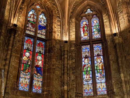 Stained glass window of the church of the Assumption of the Virgin, Saint-Jean-Pied-de-Port, Basque Country, France.