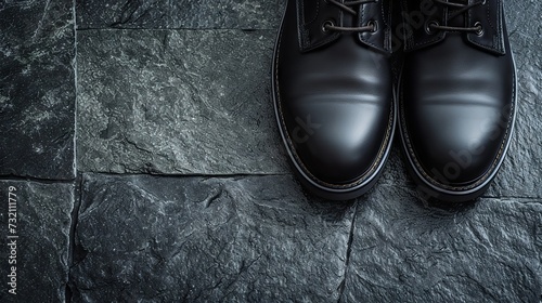 Classic footwear for men and women set against a slate backdrop photo