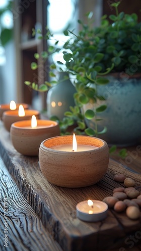 Handmade natural candles showcased on a wooden background. Simplicity and charm of the candles  organic background.