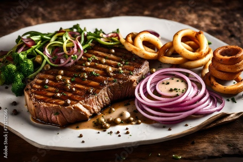 Steak with peppercorn sauce and onion rings -