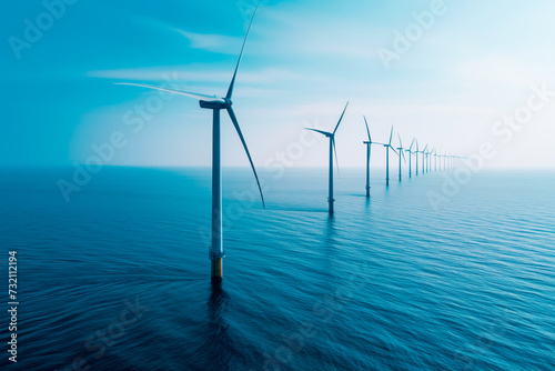 Offshore windmill in row park in the ocean, a blue sky, aerial view. Conceptual image of environmental protection.
