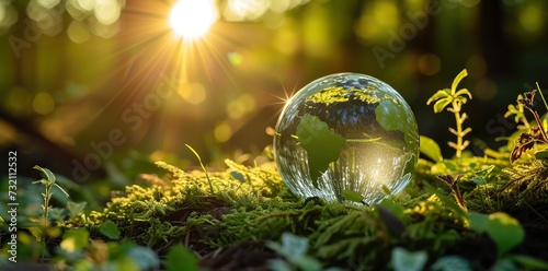 Luminous Sanctuary: Glass Globe Shining Bright in the Heart of a Lush Forest, a Visual Symbol for Environmental Awareness