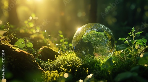 Lush Green Embrace: Glowing Glass Globe Nestled in Forest, Conveying Environmental Message