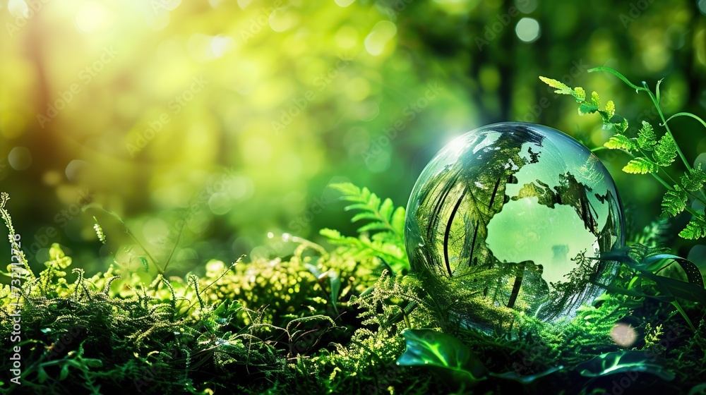 Lush Sanctuary: Glass Globe Shining Bright in Forest Foliage, Symbolizing Environmental Conservation Lush Sanctuary: Glass Globe Shining Bright in Forest Foliage, Symbolizing Environmental Conservation