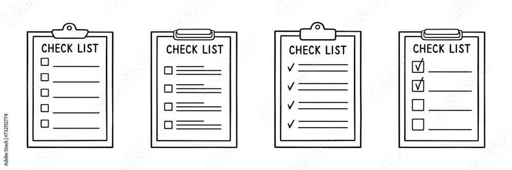 Check list, memory note paper doodle set. Reminder, to do list, notebook with plan, task and checkboxes in sketch style. Hand drawn vector illustration isolated on white background - obrazy, fototapety, plakaty 