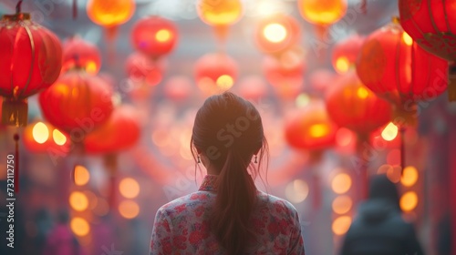 Chinese woman in chinese dress with red lanterns at night. Chinese New Year.