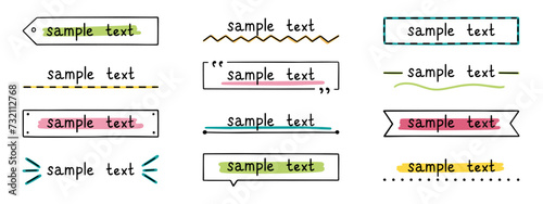 Text title frame doodle set. Simple line tag,. text box, banner, ribbon, design element. in sketch style. Hand drawn vector illustration isolated on white background
