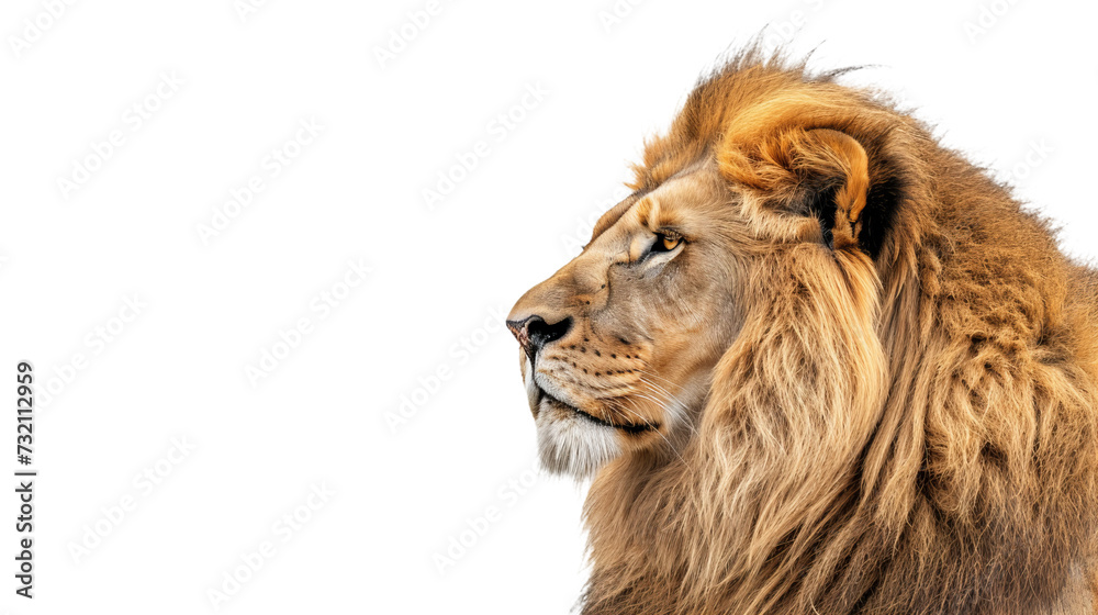 male lion's head cutout with mane isolated on white, side wiew on transparent png background	