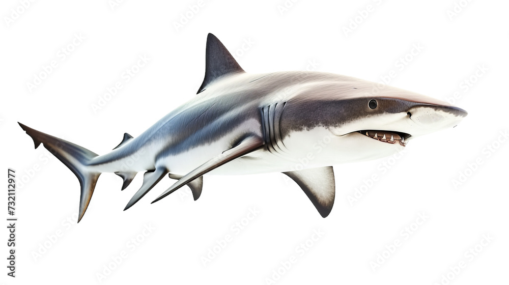 shark cutout isolated on white, side view on transparent png background	